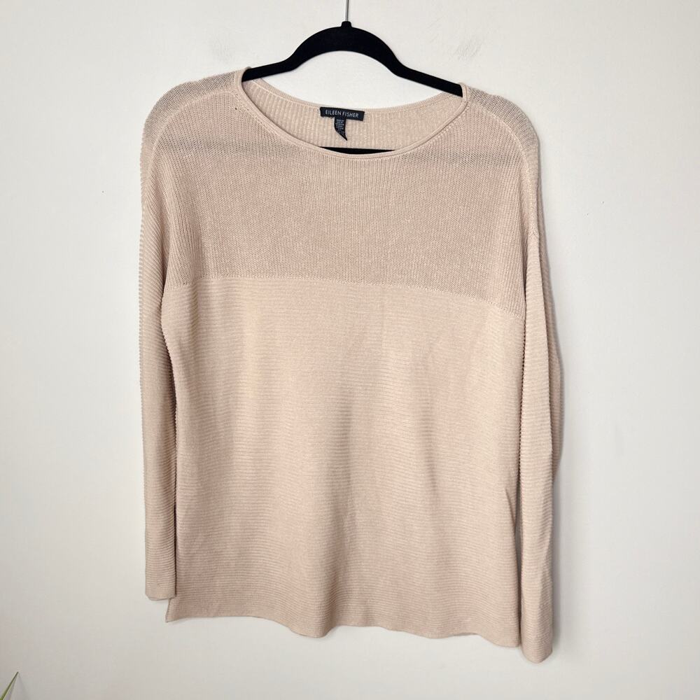 Eileen Fisher XS Tencel Long‎ Sleeve Tan Sweater Mesh & Ribbed Detailing Minimal